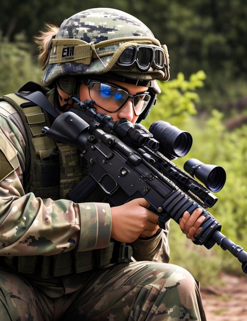 Fotografia da unidade de elite das forças especiais soldado em uniforme de camuflagem segurando um rifle de assalto e apontando wit