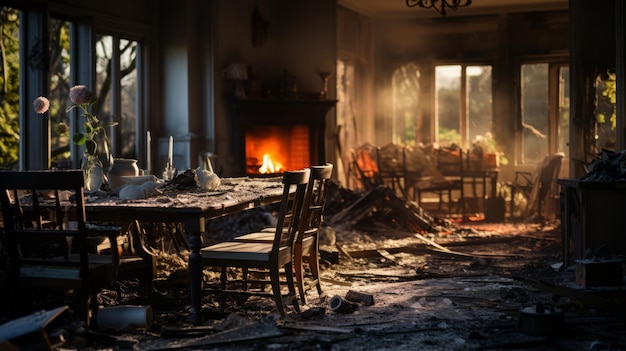 fotografia das consequências de um incêndio em uma casa Interior da casa em ruínas no prédio após o incêndio Paredes e móveis queimados