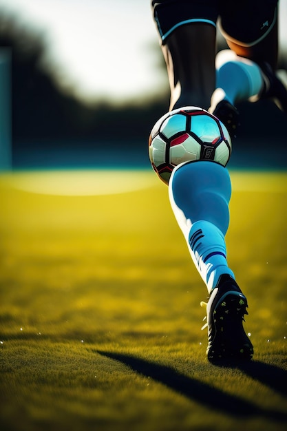 Fotografia das pernas de um jogador de futebol a treinar num campo de desporto