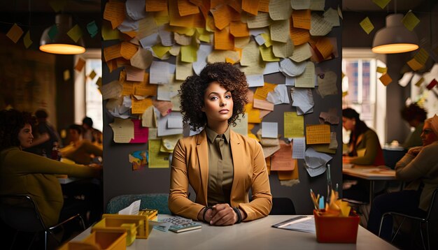 Foto fotografia de alta qualidade de uma mulher de negócios de pele escura em um escritório branco brainstorming espaço de cópia de parede branco vazio