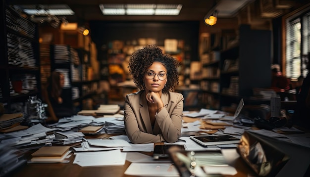 Foto fotografia de alta qualidade de uma mulher de negócios de pele escura em um escritório branco brainstorming espaço de cópia de parede branco vazio