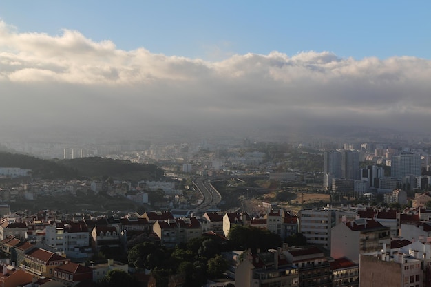 Fotografia de alto ângulo da paisagem da cidade contra o céu