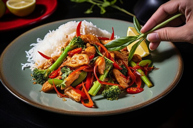 Fotografia de alto ângulo de um wok cheio de frango bok choy e cogumelos shiitake