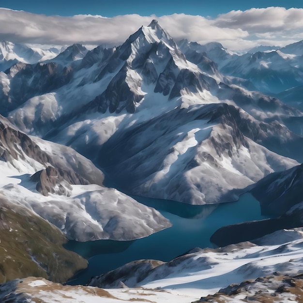 Fotografia de alto ângulo de uma bela cordilheira coberta de neve sob o céu nublado