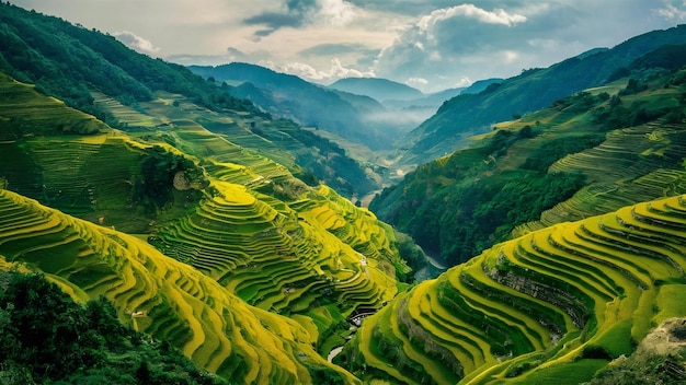 Foto fotografia de alto ângulo de uma bela paisagem em terraços de arroz de banaue, província de ifugao, filipinas