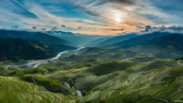 Foto fotografia de alto ângulo de uma bela paisagem em terraços de arroz de banaue, província de ifugao, filipinas