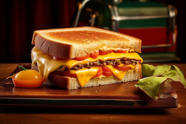 Foto fotografia de alto ângulo de uma sanduíche de queijo em uma mesa de madeira rústica