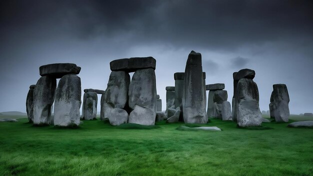 Fotografia de alto contraste das pedras de Stonehenge em Sailsbury, Reino Unido, em um dia nublado e chuvoso com grama verde