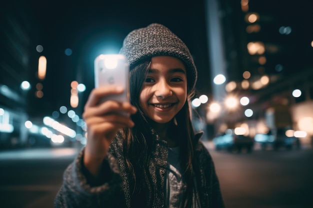 Fotografia de ângulo amplo de uma jovem mexicana hispânica de 10 anos de idade vestindo roupas de moda usando telefone celular com fundo de rua da cidade urbana à noite Generative AI AIG18