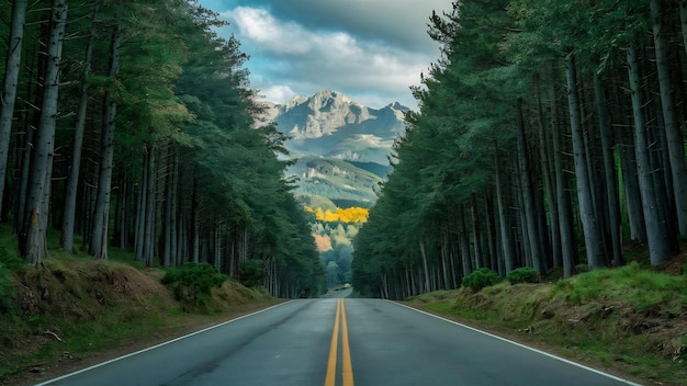 Fotografia de ângulo baixo de uma estrada na floresta com montanhas à distância no Parque Nacional do Vale de Valbona, na Albânia