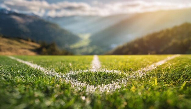 Fotografia de baixo ângulo de um campo de futebol iluminado pelo sol com uma marca de canto e montanhas ao fundo