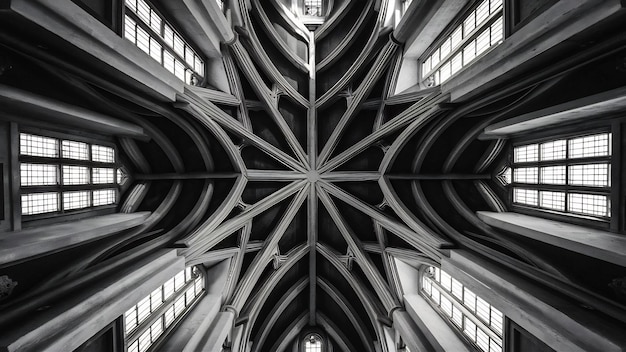 Fotografia de baixo ângulo de um teto de uma catedral com janelas em preto e branco