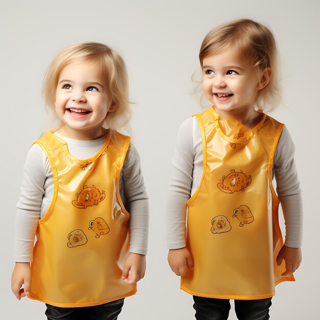 Foto fotografia de bibs de vinil impermeáveis para crianças em cor amarela em desenhos de roupas brancas para crianças