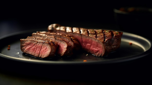 fotografia de bife de carne em fatias em placa preta lente telefoto iluminação natural realista