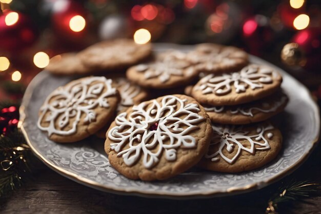 Fotografia de biscoitos de Natal em um prato com fundo de Natal