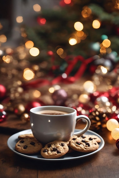 Fotografia de biscoitos de Natal em um prato com uma xícara de café em fundo de Natal