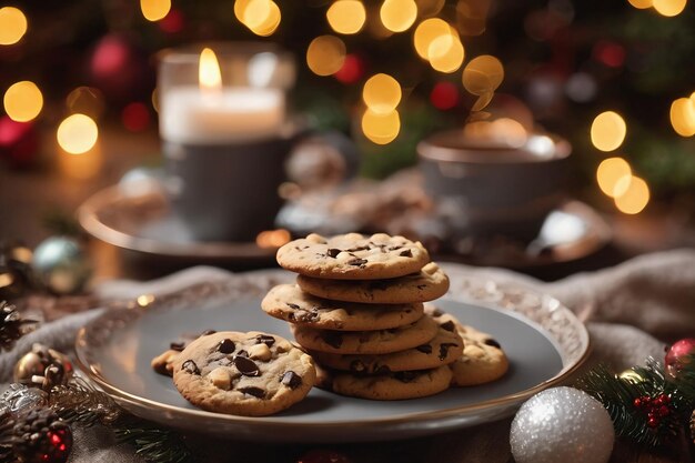 Fotografia de biscoitos de Natal em um prato com uma xícara de café em fundo de Natal