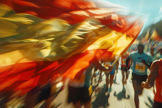 Foto fotografia de borracha de movimento dinâmico de uma bandeira carregada por um atleta