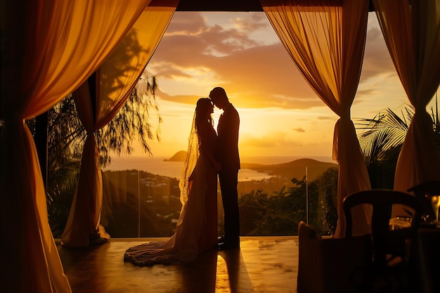 Foto fotografia de casamento da noiva e do noivo ao pôr-do-sol