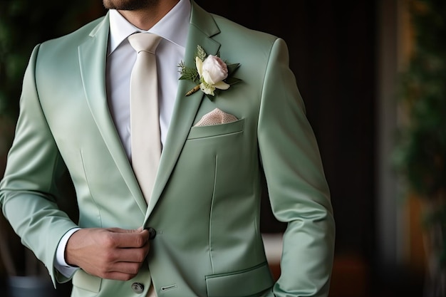 Fotografia de casamento em close-up de um noivo à moda vestindo uma camisa branca de terno verde e um boutonniere em sua jaqueta