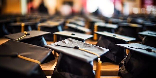 Foto fotografia de chapéus de formatura durante o início do sucesso dos graduados da universidade