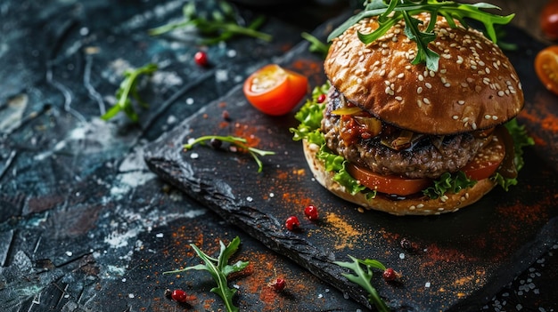 Fotografia de cima para baixo de um hambúrguer gourmet com coberturas criativas em um prato de ardósia