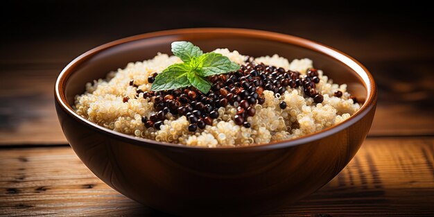 Foto fotografia de comida café da manhã fundo quadrado quinoa sem glúten em uma tigela em uma mesa de madeira vista superior