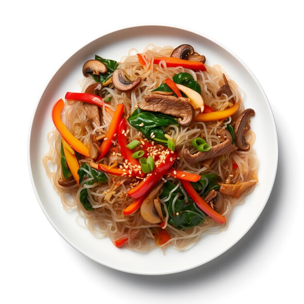 Fotografia de comida de Japchae no prato isolado no fundo branco