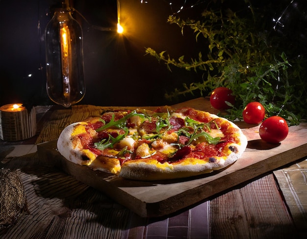 fotografia de comida de pizza servida em uma mesa com iluminação fresca