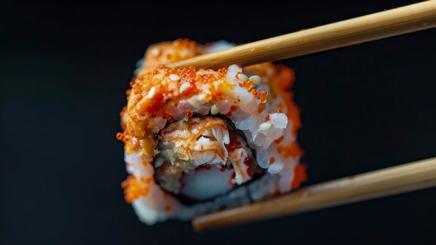 Foto fotografia de comida de rolo de sushi com caranguejo dentro em fundo preto