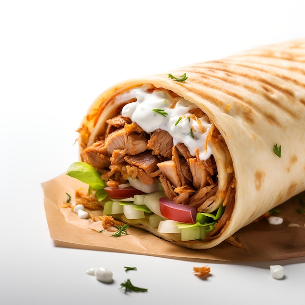 Fotografia de comida de Shawarma na placa de madeira isolada no fundo branco