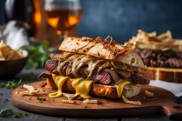 Foto fotografia de comida de um hambúrguer suculento com alface crocante e queijo derretido perfeitamente empilhado entre dois bolinhos torrados