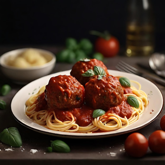 Fotografia de comida realista foto de espaguete e bolinhas de carne AI