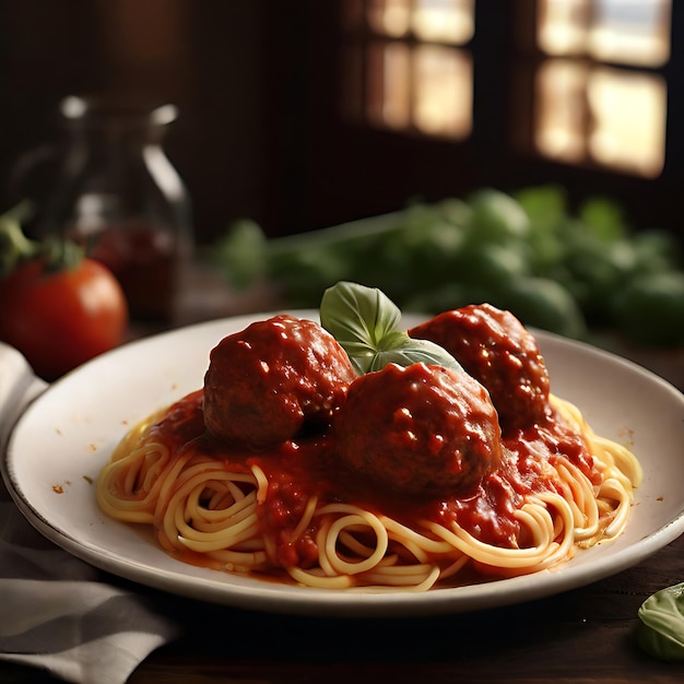 Fotografia de comida realista foto de espaguete e bolinhas de carne AI