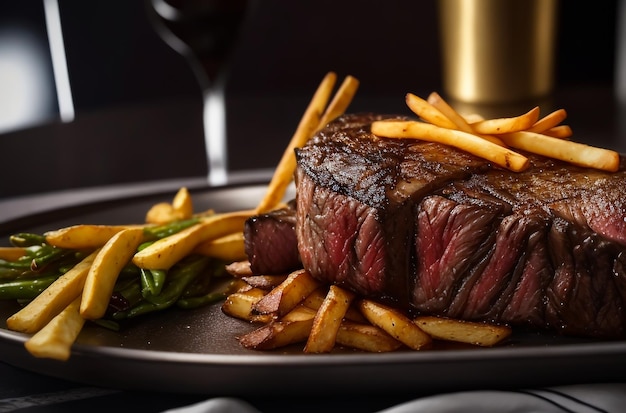 Fotografia de comida sofisticada de um bife grande e suculento com acompanhamento de batatas fritas