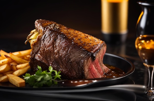 Fotografia de comida sofisticada de um bife grande e suculento com acompanhamento de batatas fritas