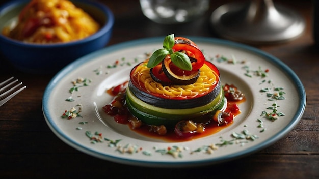 Foto fotografia de comida ultra-realista com ratatouille feita em estilo de cozinha molecular