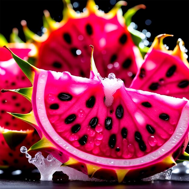 Fotografia de comida voadora de fruta do dragão e pedaços de coco como temas principais, salpicos de sal