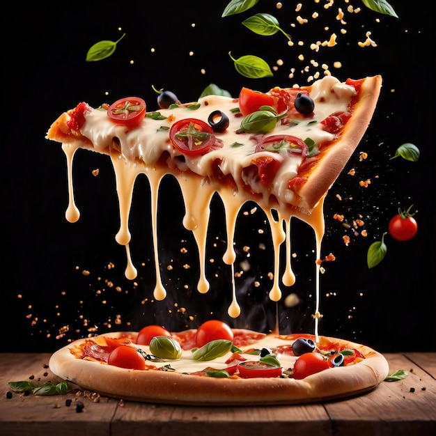 Fotografia de comida voando com fatia de pizza derretendo queijo gotejando