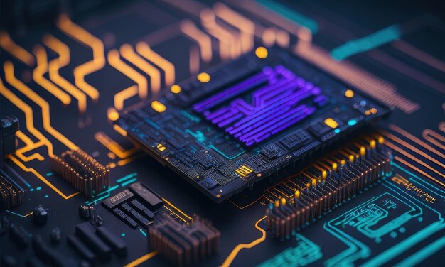 Fotografia de componentes de placas de circuitos cibernéticos com microchip com estrutura de chip