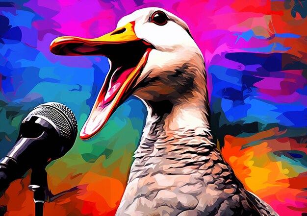 Foto fotografia de cores brilhantes de um pato cantando em um microfone generativo ai