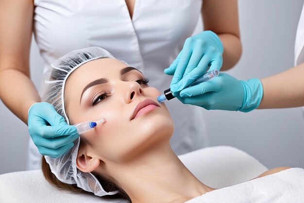 Foto fotografia de cosmetologista fazendo injeção de mesoterapia com dermapen no rosto para rejuvenescimento no centro de spa