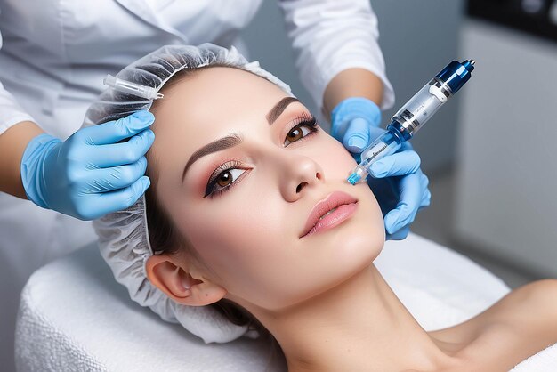 Foto fotografia de cosmetologista fazendo injeção de mesoterapia com dermapen no rosto para rejuvenescimento no centro de spa