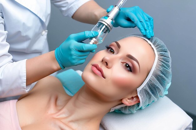 Foto fotografia de cosmetologista fazendo injeção de mesoterapia com dermapen no rosto para rejuvenescimento no centro de spa