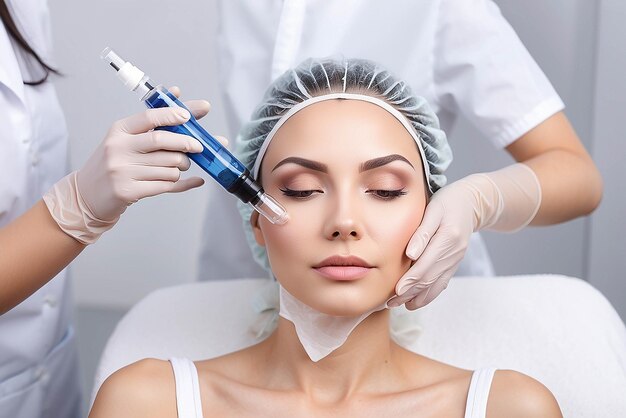 Foto fotografia de cosmetologista fazendo injeção de mesoterapia com dermapen no rosto para rejuvenescimento no centro de spa