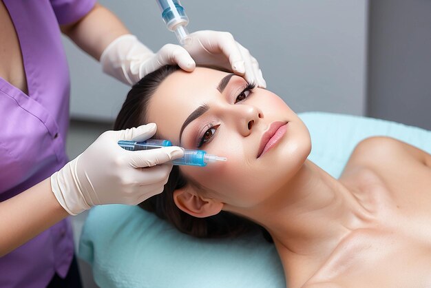 Foto fotografia de cosmetologista fazendo injeção de mesoterapia com dermapen no rosto para rejuvenescimento no centro de spa