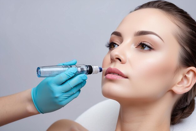 Foto fotografia de cosmetologista fazendo injeção de mesoterapia com dermapen no rosto para rejuvenescimento no centro de spa