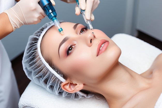 Fotografia de cosmetologista fazendo injeção de mesoterapia com dermapen no rosto para rejuvenescimento no centro de spa