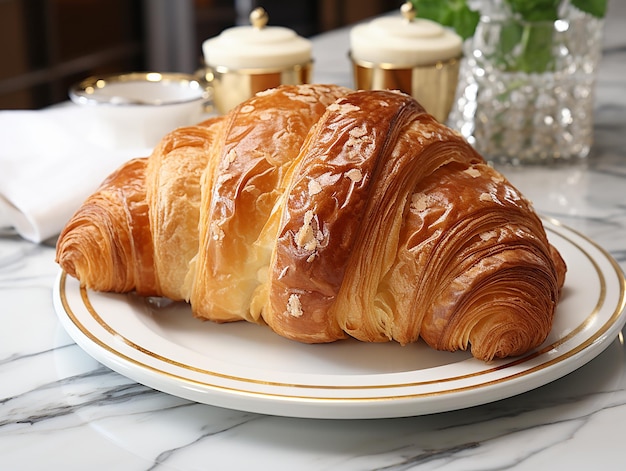 Fotografia de croissant francês na mesa de mármore branca gerada por IA