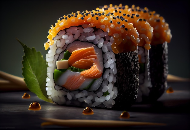 Fotografia de dar água na boca de sushi em fundo preto elegante Ai gerou arte